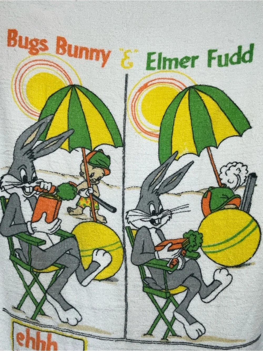 Vintage 1978 Bugs Bunny & Elmer Fudd Beach Towel - White with Yellow & Green